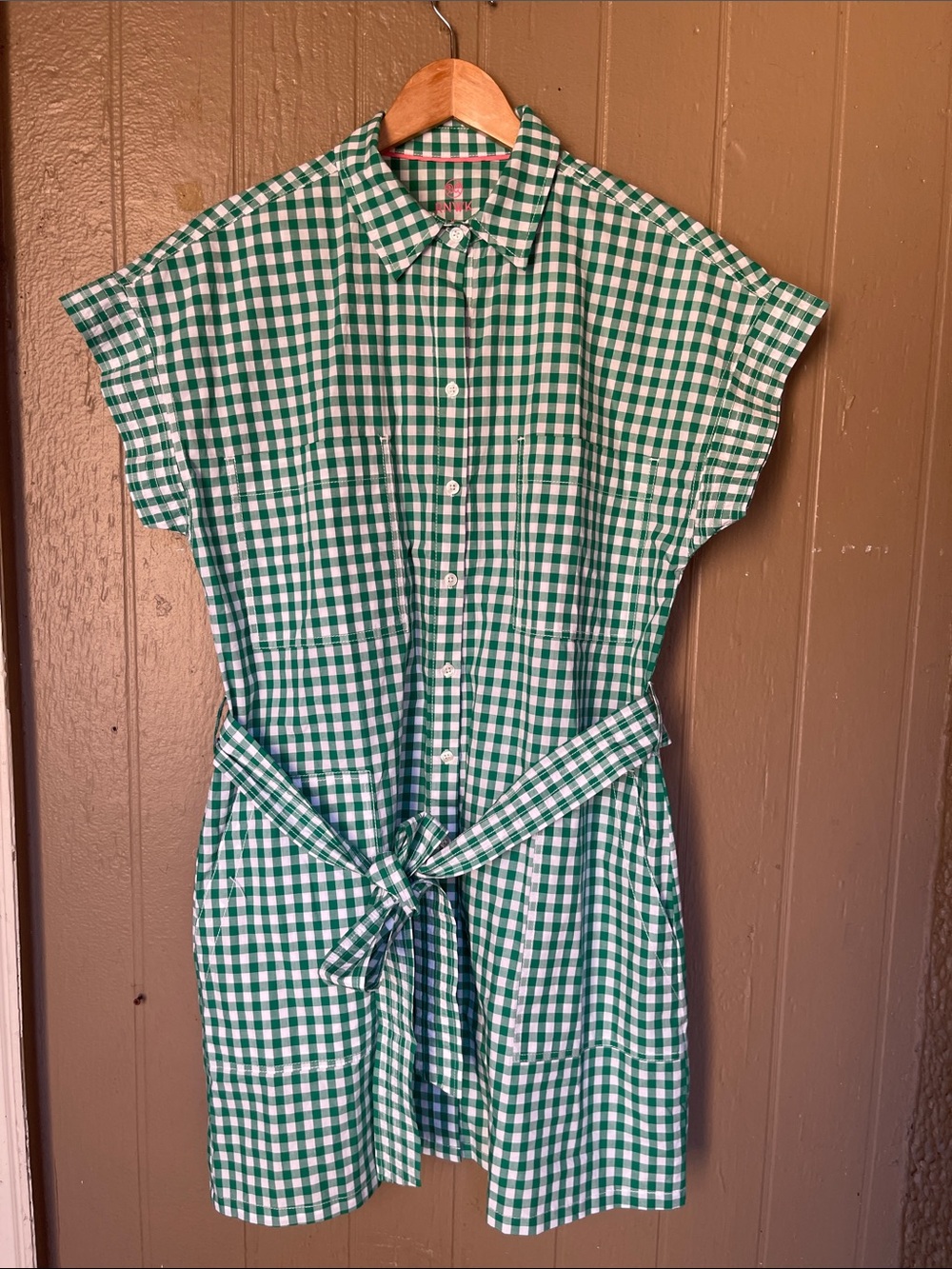Renwick Gingham Caddie Tie-Waist Dress in Green & White Size XL